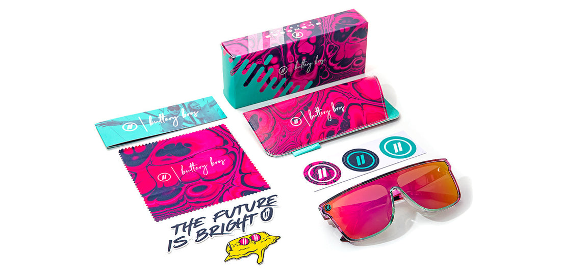 Buttery Bros SciFi Shield Sunglasses Pink Revo Lenses with Teal Frames